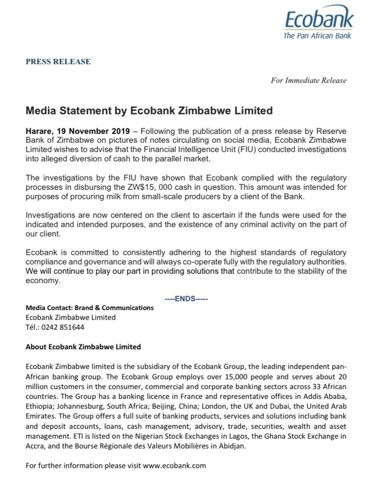 Ecobank speaks out after giving customer ZWL15k Notes