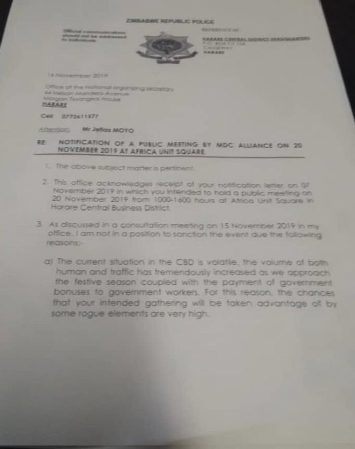 Police Ban Chamisa's Hope of the Nation Address