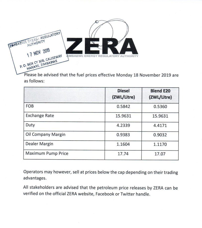 ZERA Statement showing change in fuel price
