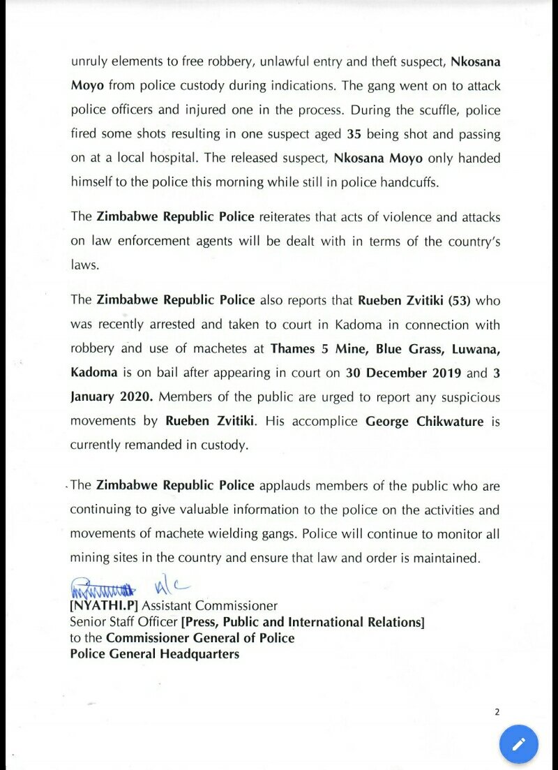 Police Statement on 6 More 'Mashurugwi' Arrested For Murdering ZRP Cop
