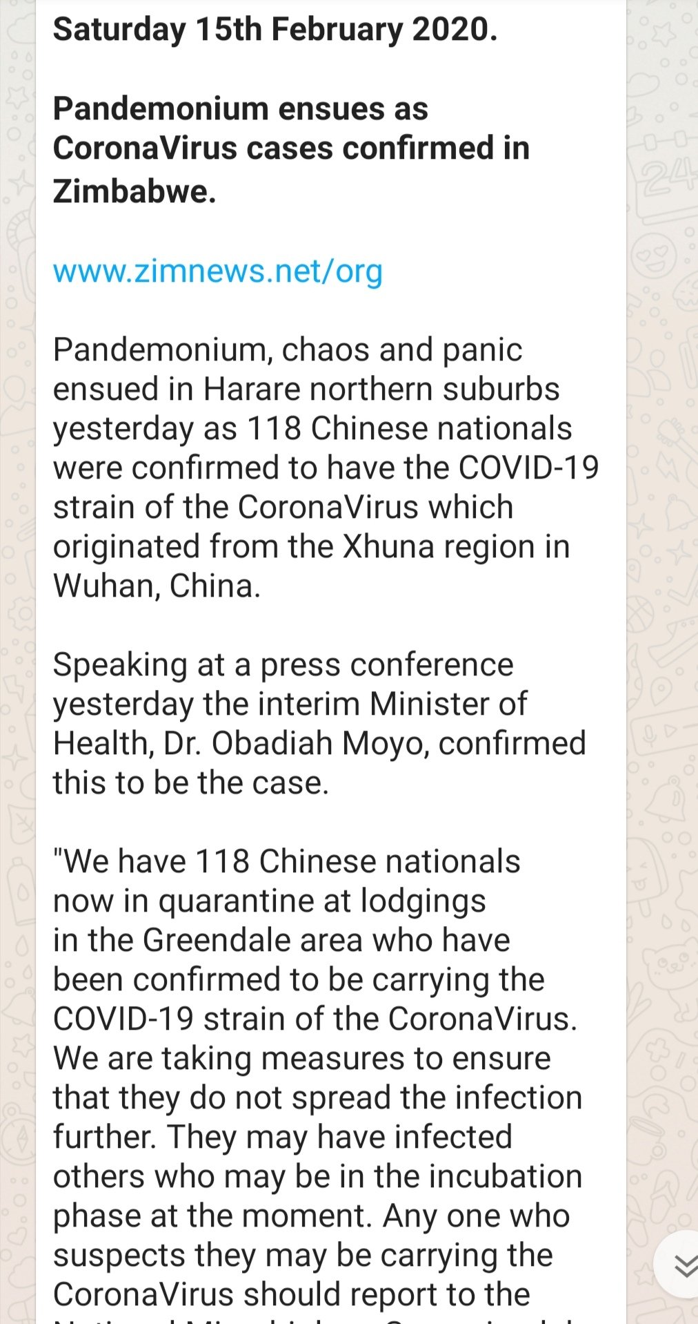 Zim Govt Speaks On 118 Chinese Nationals Quarantined