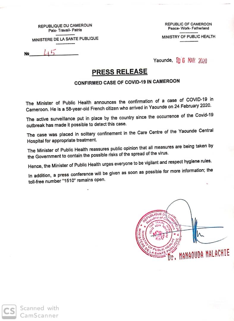 Cameroon Confirms Case Of Coronavirus