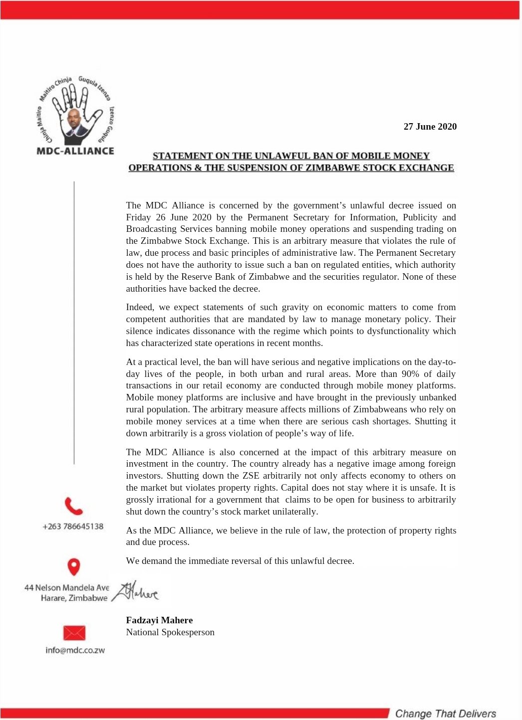 MDC Alliance Speaks On 'Unlawful' Ban of Mobile Money
