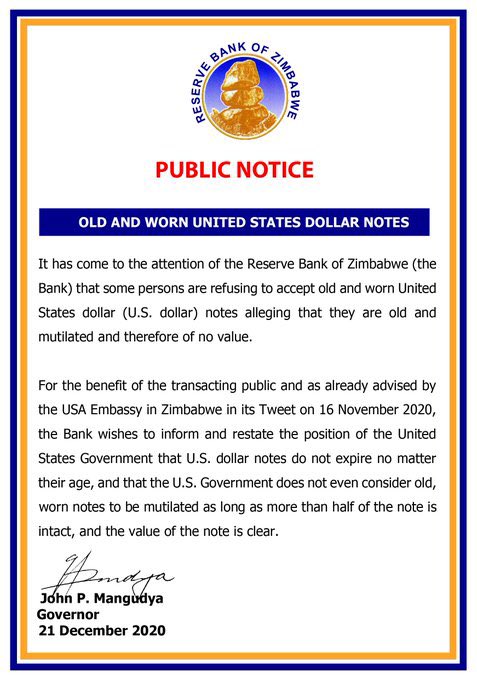 RBZ Issues A Stern Warning Against Businesses That Refuse Torn US Dollar Notes