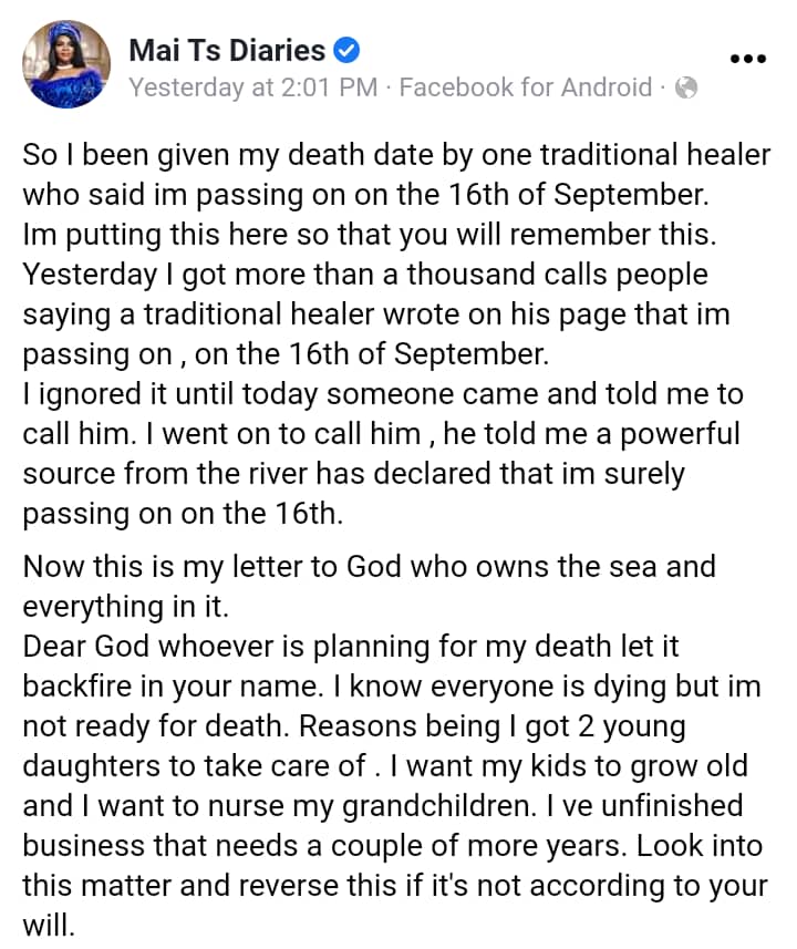Mai Titi Petitions God After Traditional Healer Reveals Her "Date Of Death"