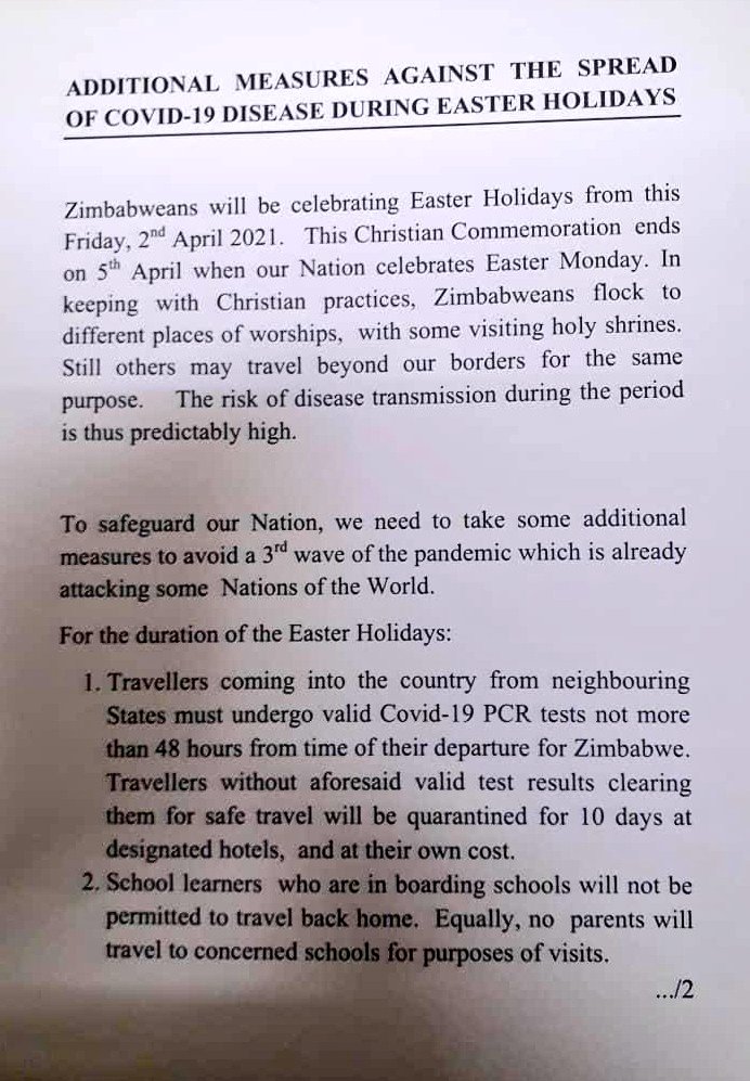 President Mnangagwa's Government Announces Additional Measures To Deal With Covid-19 During Easter