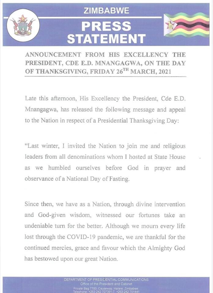 Zimbabwe Declares Friday "President’s Special National day of Thanksgiving"