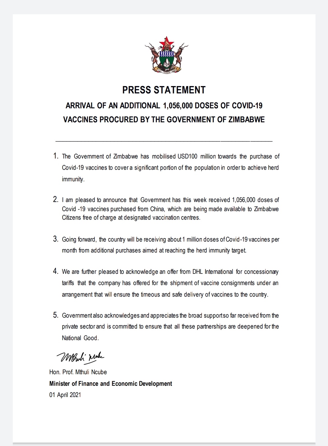 Zimbabwe To Receive 1 Million Covid-19 Vaccines Every Month