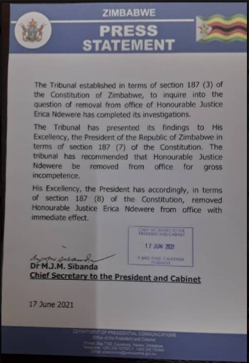 President Mnangagwa Fires Justice Ndewere