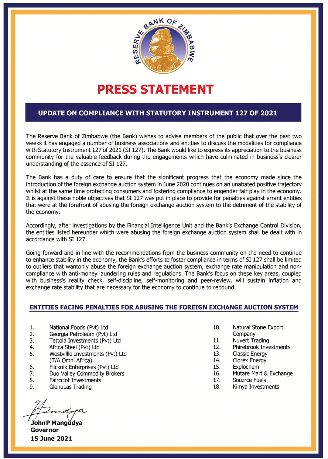 RBZ Names & Shames 18 Companies That "Abused" Foreign Exchange Auction System