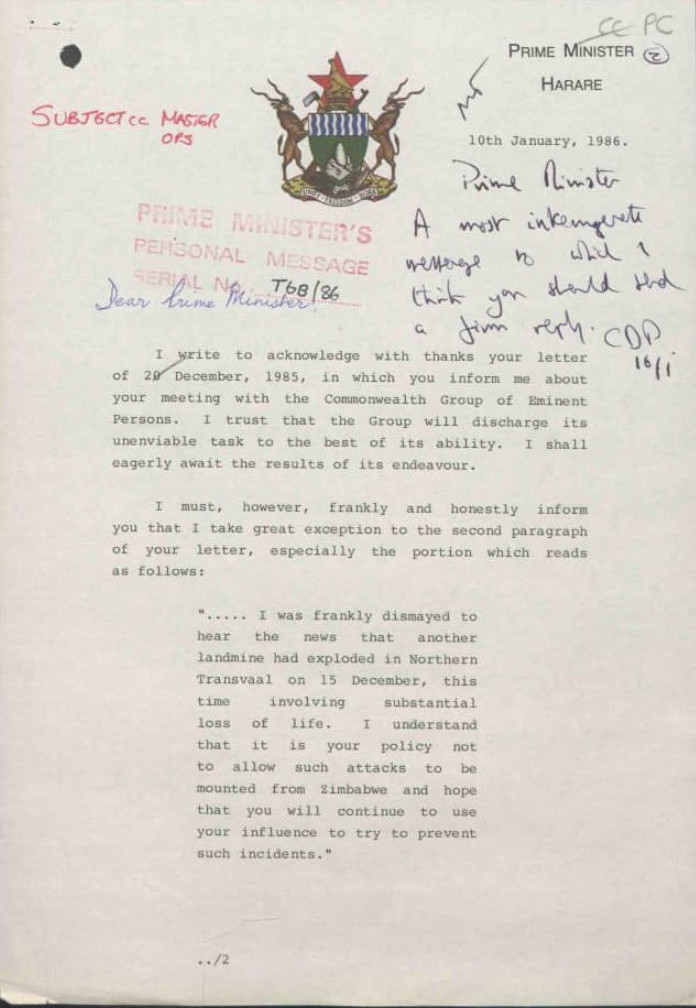 PICS: Robert Mugabe's Letter Telling Off British PM For Supporting Apartheid South Africa