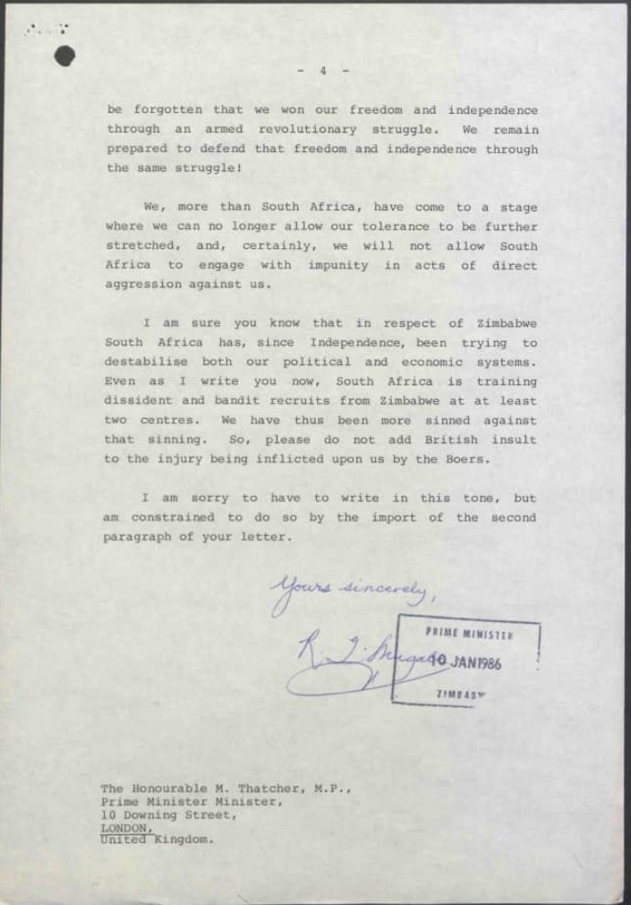 Robert Mugabe's Letter Telling Off British PM For Supporting Apartheid South Africa