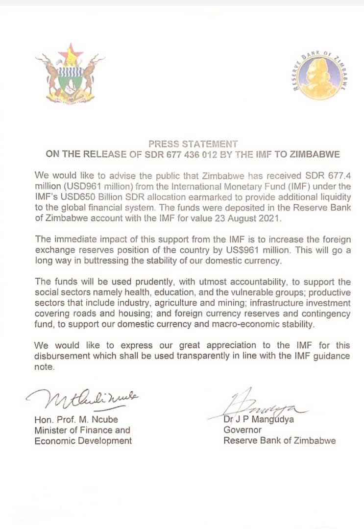 Mthuli, Mangudya Confirm Zimbabwe Has Received US$961m From IMF