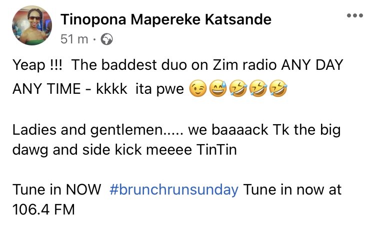 Former Studio 263 Actress Tinopona Katsande Returns Back To ZiFM Stereo