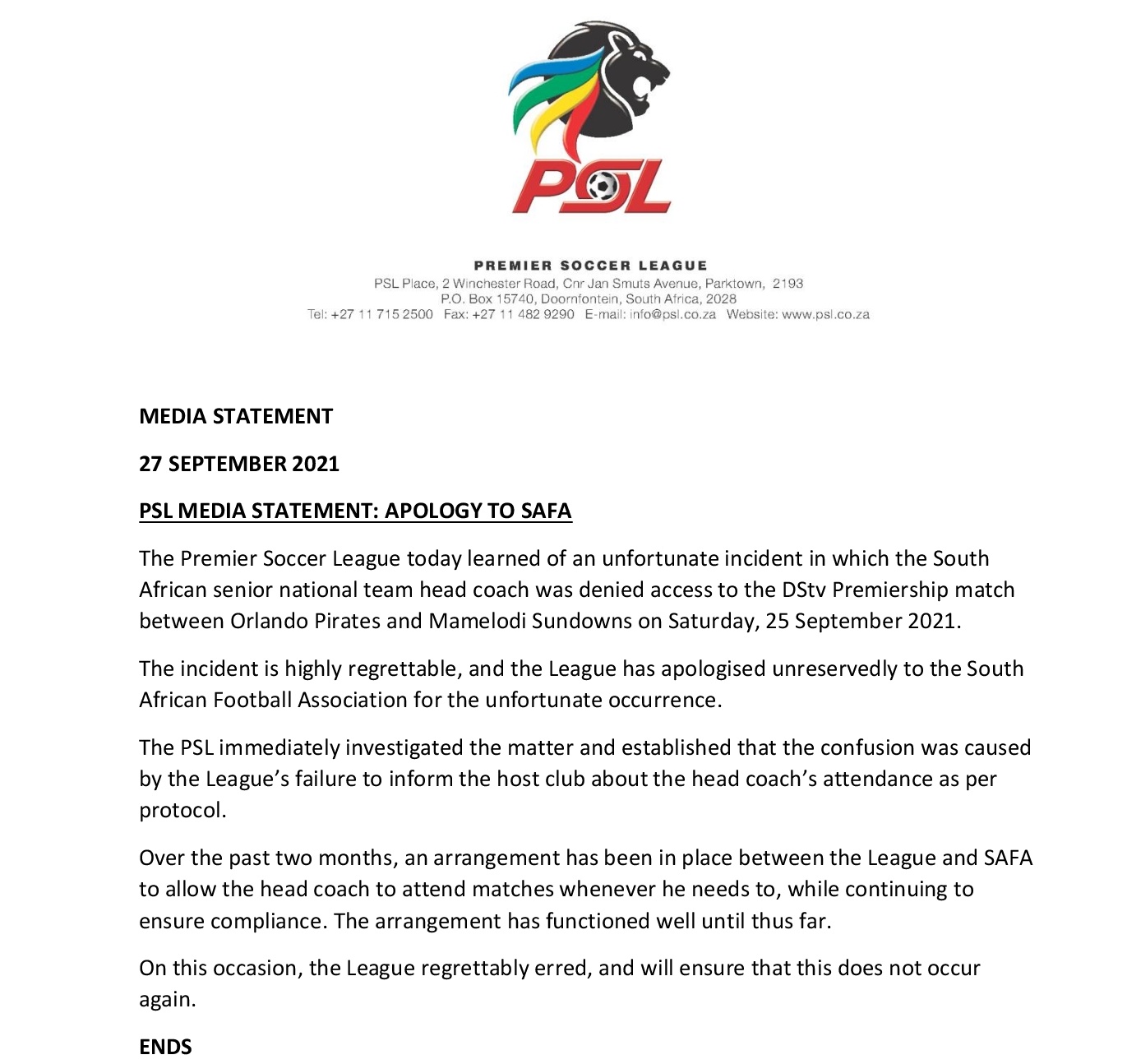 PSL Apologises To SAFA After Bafana Bafana boss Hugo Broos Stadium Entry Debacle