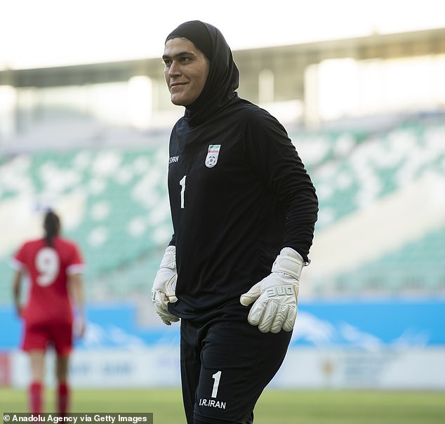 Iran's national women's football team have been accused by rivals Jordan of playing a man as a goalkeeper (pictured: Iran keeper Zohreh Koudaei) during an Asian Cup qualifier 