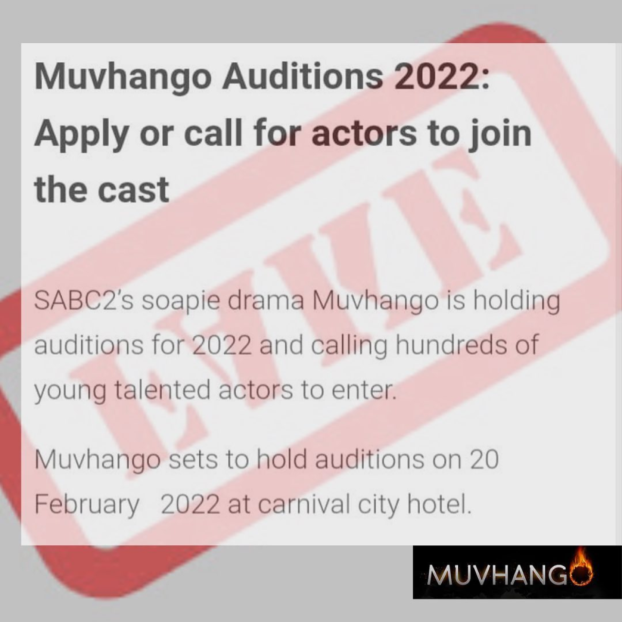 Long-running South South African television soap opera, Muvhango has addressed reports that it will be holding auditions for new talent to join the show. The "Word of Mouth" produced show categorically denied reports that it will be holding auditions later on this month to cast new talent in the show. This follows some reports that went viral on social media that Muvhango will be casting new people at auditions held in February. One such report reads, Muvhango Auditions 2022: Apply or call for actors to join the cast SABC2's soapie drama Muvhango is holding auditions for 2022 and calling hundreds of young talented actors to enter.
