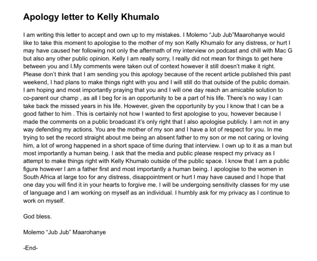 Jub Jub apologizes to Kelly Khumalo