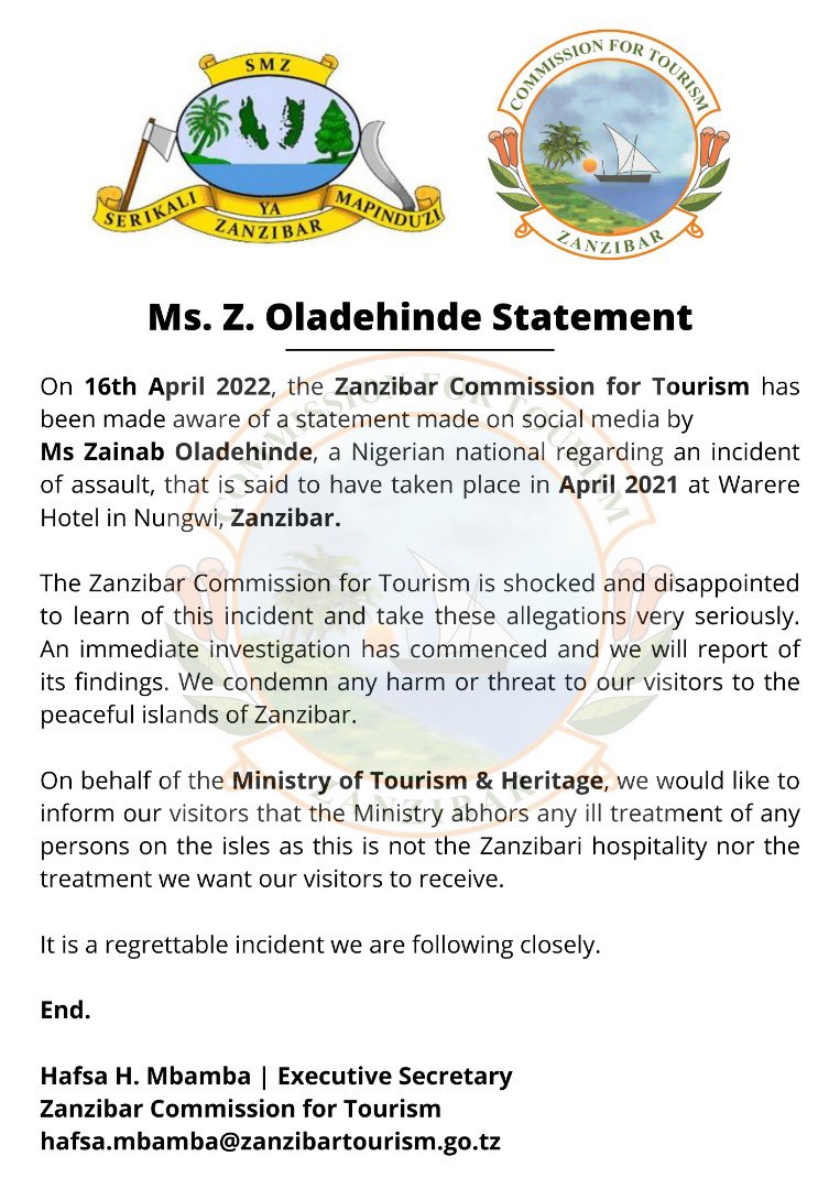 The Zanzibar Tourism Commission has finally spoken out after a viral social media post made serious allegations against the police and Warere Beach Hotel. This comes after Zainab Oladehinde, a tourist from Nigeria, made the now-viral social media post that exposed how she had been robbed, sexually molested and nearly raped at the Warere Beach Hotel. Zainab alleges that the hotel staff was nonchalant when she reported what happened. When she tried to report the matter to the police, she was harassed and chased out of the police station after the police insisted that she had not been raped. However, after Zainab made a social media post narrating her ordeal at the Warere Beach Hotel in Nungwi, Zanzibar, the authorities were finally forced to respond. This came after the post went viral on social media platforms and attracted outrage and condemnation from people worldwide. At the time of publishing, Zainab's post had been retweeted more than 59 000 times and liked more than 105 000 times by people across the world. In a statement meant to address the raging social media firestorm, the Zanzibar Tourism Commission said,