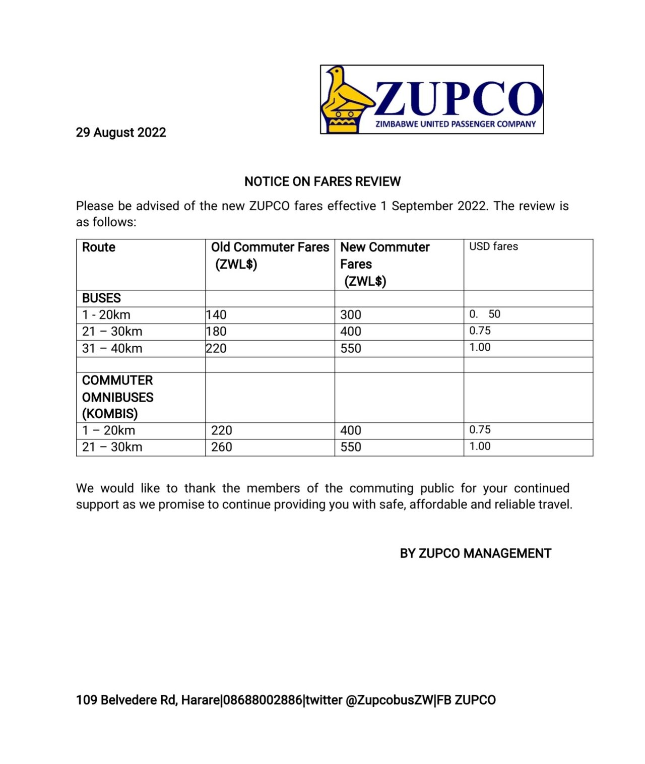 ZUPCO Hikes Fares & Introduces USD Prices With Effect From 1 September